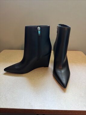 Marc Fisher Black Pointed Wedge Ankle Boots with Side Zips